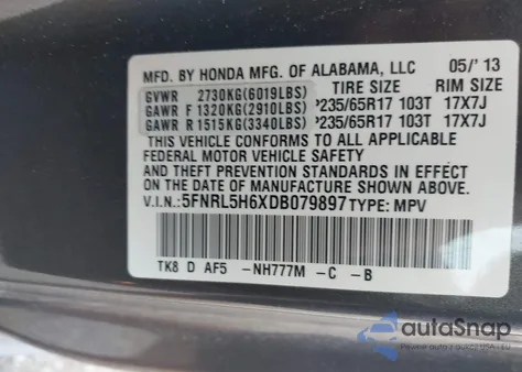 2013 Honda Odyssey Ex-L from USA, damaged, VIN 5FNRL5H6XDB079897